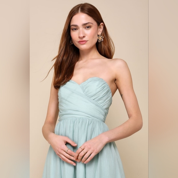 Lulus Fairytale Design Sage Green Organza Strapless A-Line Midi Dress L Wedding - Picture 4 of 9